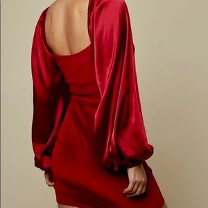 LULU | ruby red velvet long sleeve ruched faux wrap dress